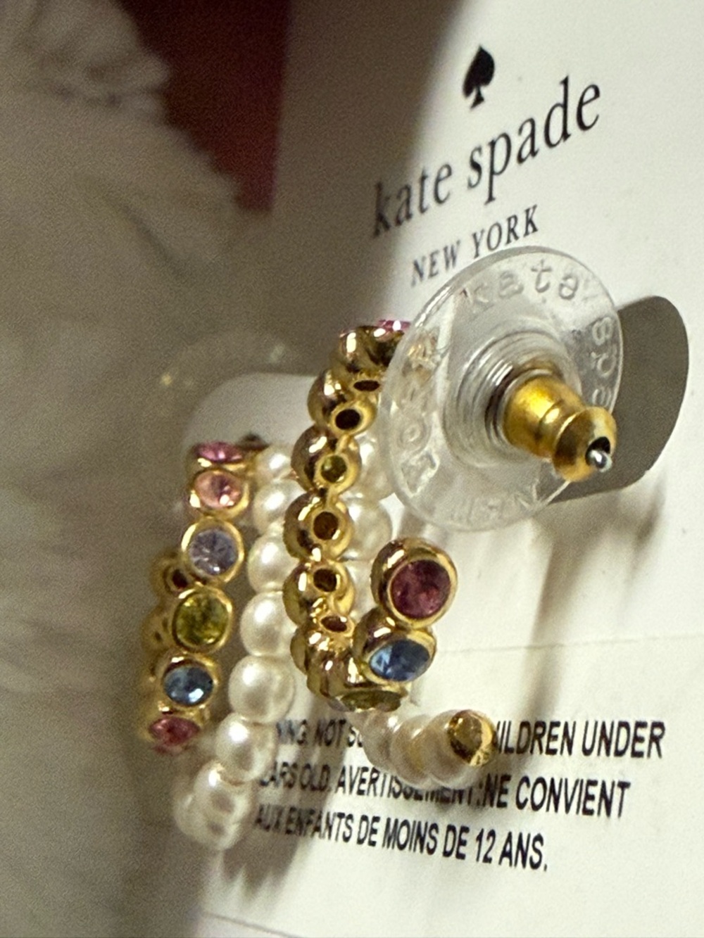 kate spade Gold Pearl Hoop Earrings with Multicolored Crystals